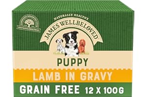 James Wellbeloved Junior Grain-Free Lamb in Gravy 12 Pouches, Hypoallergenic Wet Dog Food for Puppies, Pack of 1 (12x100 g)