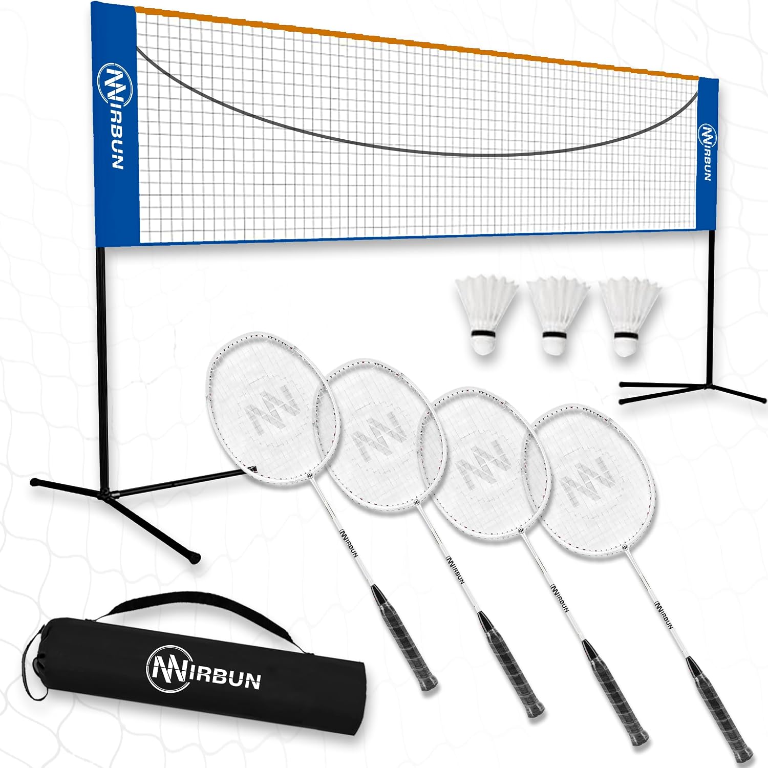 Nirbun – Set de Bádminton 4 Jugadores con Red | Raquetas Profesionales + 3 Volantes + Bolsa de Transporte | Estructura Metálica Resistente | Red 5,1 m | Juego Familiar Interior y Exterior