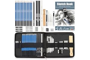 KALOUR Set di 34 matite da disegno con album e custodia da viaggio, per schizzi e carbone, gomma inclusa, per principianti e adulti