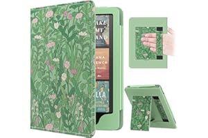 MoKo Custodia Compatibile con 7"/6.8" Kindle Paperwhite(12th/11th Generazione 2024/2021), Magnete Riattivazione e Standby, Con Supporto Verticale e Cinturino, Fiore verde