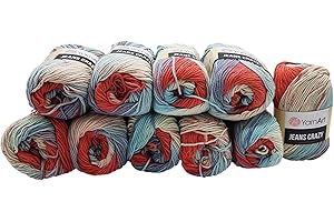 ILKADIM YarnArt Jeans Crazy Ovillo de lana para tejer, 10 unidades de 50 g, 55 % algodón, 500 g de lana con gradiente de color, multicolor (azul, rojo, rosa, lila, blanco viejo, 8205)