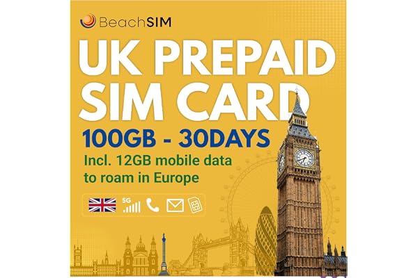 BeachSIM Carte SIM UK 30 Jours. 100GB de données à des Vitesses 4G/5G. Appels locaux et SMS illimités. Le Forfait Comprend 12 Go de données pour l'itinérance dans l'UE. Fonctionne sur iOS et Android.