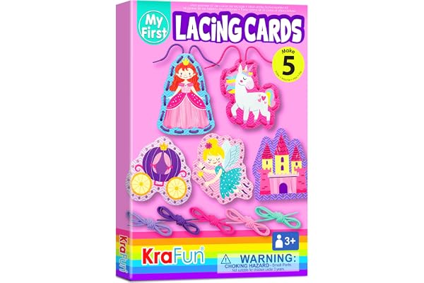 KRAFUN Kit de Cartes de Laçage Licorne pour Enfants dès 3 Ans, 5 Projets Débutants (Princesse, Licorne, Château), Instructions, Jouet Éducatif pour Motricité Fine