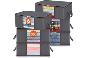 ‎LIFEWIT Lifewit Torba do Przechowywania Ubrań Składany Pojemnik do Przechowywania Szafa ze Wzmocnionym Uchwytem Wytrzymała Tkanina Przezroczyste Okienko na Swetry, Płaszcze, T-shirty, Koce, Opakowanie 6, 35L, Szary