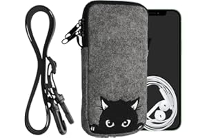 kwmobile Handytasche für Smartphones XL - 6,7/6,8" - Filz Handy Hülle Grau Schwarz - Handy Tasche mit Kette 17,2 x 8,4 cm Innenmaße - Neugierige Katze
