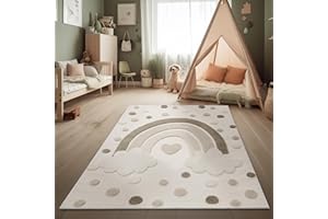 Paco Home Tappeto per bambini Tappeto da gioco moderno Camera dei bambini Effetto 3D Toni naturali Pelo morbido Robusto; facile da pulire Motivo arcobaleno Crema Sabbia, Dimensione:80x150 cm