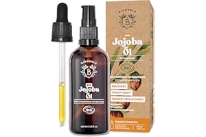 ‎BIONOBLE Bionoble Jojobaöl Bio 100ml - 100% Rein, Natürlich und Kaltgepresst - Gesicht, Körper, Haare, Bart, Nägel - Vegan und Cruelty Free - Jojoba Oil - Glasflasche + Pipette + Pumpe