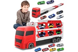 Cugybue Camion Giocattolo per Bambini,Auto Giocattolo Pista Portatile con 12 Auto da Corsa,Camion Macchinine per Bambini Set Giocattolo Veicolo di Trasporto,Rosso