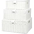 Honygebia White Wicker Storage Baskets - Set of 3 Decorative Nesting Boxes with Lids, Woven Basket with Lock & Handle, Organizer for Beauty Makeup Bathroom Decor