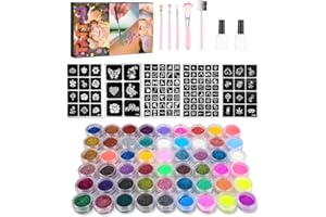 JOFLVA Kit Di Tatuaggi Glitterati Halloween 54 Colori Tatuaggi Glitterati per Bambina Kit Tatuaggio Temporaneo con 117 Stencil,3 Colla, 5 Pennelli, Glitter Makeup Kit per Cosplay Natale Festa
