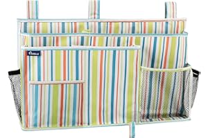 Surblue Bedside Caddy Hanging Bed Organizer Storage Bag Pocket for Bunk and Hospital Beds, College Dorm Rooms Baby Bed Rails,Camp(8 Pockets),Green Stripe