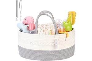 Hinwo - Carrito pañales para bebé 3 compartimentos, contenedor almacenamiento guardería, organizador portátil coche, cesta regalo ducha recién nacidos, cuerda algodón divisor desmontable pañales