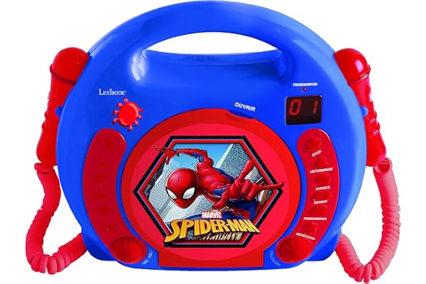 Lexibook, Spider-Man, Lecteur CD avec 2 Microphones, Fonction de Programmation, Prise écouteurs, pour Enfant, sur Secteur ou Piles, Rouge/Noir, RCDK100SP