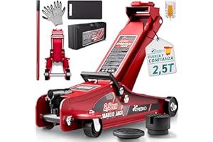 TRESKO - Gato hidráulico de 2,5 toneladas, altura de elevación 85 – 385 mm – con maletín – Gato hidráulico plano para coches bajados – Ruedas de 360° con 2 almohadillas de goma, alfombrilla de