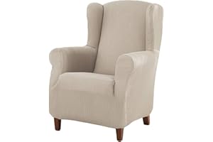 Estoralis Berta | Funda Sillon de Diseño Moderno | Tejido Elastico Marfil | para Sillon Orejero (de 70 a 110 cm.) | Maxima Adaptabilidad a Todo Tipo de sillones