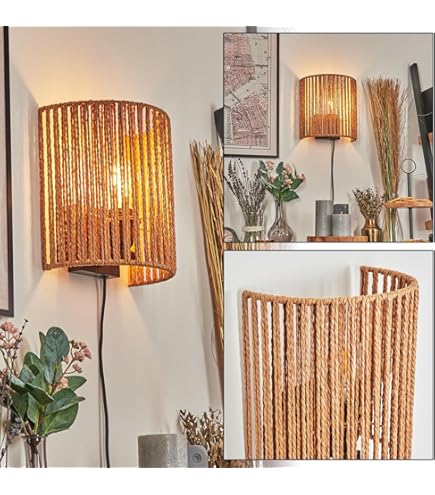 HOFSTEIN Wandlamp Bongal, moderne wandlamp van metaal/zeegras in zwart/ natuur, lamp in boho-design met geweldig Up&Down lichteffect, 2 lampen, 2 x E14, zonder lamp