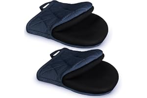 BUUMIN 2 PCS Short Oven Mitts, Microwave Mitts, Heat Resistant Non-Slip Neoprene Cotton Golves, Non-Slip Grip Surfaces and Hanging Loop, Kitchen Mini Oven Mitts for 500 Degrees (Navy Blue)