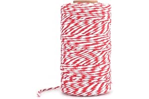 JIJACRAFT Hilo Rojo y Blanco Navidad Cuerda Roja y Blanca de Algodón para Envolver Regalos, Manualidades, Decoración, Cocina - 2mm x 100M