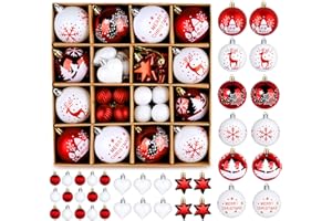 HOUISM Bombki bożonarodzeniowe z obrazami i błyszczącymi elementami jako tradycyjny ręcznie malowany motyw czerwono-biały, bombki choinkowe z tworzywa sztucznego, dekoracja bożonarodzeniowa z