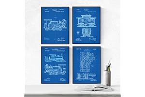 Nacnic BLUE - Pack of 4 sheets RAILWAY patent. Set posters with inventions and old patents. Choose the color you like. Printed on 250 grams