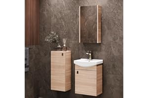 Planetmöbel Conjunto de Muebles de baño Lavabo con Mueble 45 x 60 x 33 cm con Armario con Espejo 40 cm y Armario Midi para Aseo de Invitados, Roble Sonoma