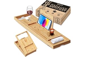 SereneLife Plateau Baignoire - en Bambou avec Design Pliable et Verrouillable-Plateau Salle de Bain Extensible de 76 cm à 109 cm-Charnières Pliantes pour Un Rangement Facile-Planche de Bain