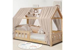 Hausbett Himmel Deko Set, Betthimmel Hausbett aus Musselin - 2 Betthimmel & 1 Wimpelkette, für Jungen Mädchen Deko für Kinderzimmer, Baldachin Kinderzimmer Deko I 135 x 320cm Hellgrau