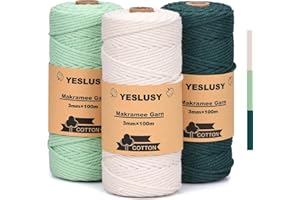 YESLUSY Premium Makramee Garn Natur 3er Set, 3mm x 100m Baumwollgarn, für DIY Handwerk, Weihnachten, Weben Dekoration und Hängepflanzen