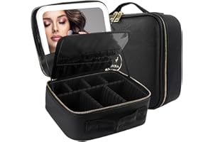 MOMIRA Reise-Schminktasche mit beleuchtetem Spiegel, einstellbare Helligkeit in 3 Farbszenarien, wasserdicht, 10x Vergrößerungsspiegel, drehbarer unabhängiger Lichtspiegel - Schwarz