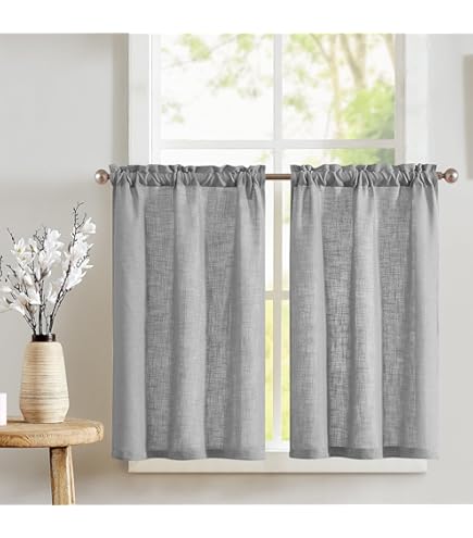 TOPICK Vitrage, modern, woonkamer, keuken, wit, bistrogordijn, set van 2, vitrage, keuken, linnenlook, kort, H 115 x B 90 cm, keukengordijnen, landhuisstijl, gordijn, keukenraam