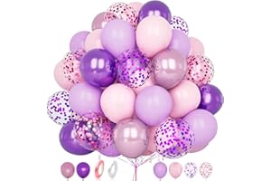 BALLOON DANCE Pink and Purple Balloons, 60 pcs 12 Inch Pastel Metallic Pink Purple Confetti Latex Balloons with Ribbon for Girls Women Birthday Baby Bridal Shower Wedding Anniversary Engagement Party Decoration