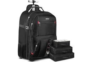 ZOMFELT Backpack with Wheels, 17.3 Inch Rolling Backpack for Men Women, Waterproof Rucksack on Wheels with 3 Packing Cubes, Laptop Roller Cases for Business Work College School, Black