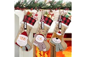 ASTNIC 3 Piezas Calcetin de Navidad Grande con Etiquetas con Nombre Bolsa de Regalo de Calcetines de Navidad Personalizada en 3D Muñeco de Nieve Reno Papá Noel Colgar Decoración Navideña