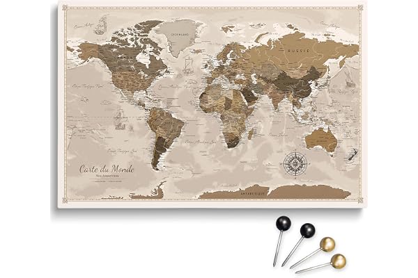 Toile personnalisable motif carte du monde en liège à épingler, parfaite pour les voyageurs et la décoration murale – tableau décoratif sur toile, 100 punaises inclus (Design 4 FR, 90x60 cm)