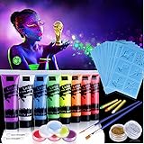 Lictin 8 x Peinture Corporelle-Kit de Peinture fluorescente UV Non Toxique Neon Avec 6*5,5g de face painting palette, 2*poudr
