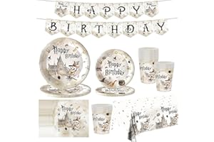 MIENOCOL Harry Potter Anniversaire Vaisselle de fete 82 Pièces Harry Magicien Vaisselle Papier Assiettes Jetables Papier Tasses Serviettesr Nappe pour et HAPPY BIRTHDAY Bannière,pour Enfants Anniversaire Fête
