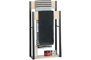 Relaxdays Handtuchhalter stehend, U-Design, 2 Ablagen, Handtuchständer Bad, HxBxT: 86 x 45 x 19 cm, Holz + Stahl, natur