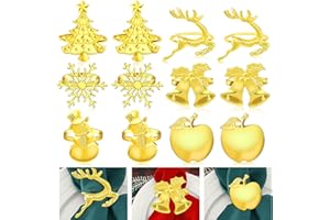 JUNEBRUSHS 12 Pcs Christmas Napkin Rings Set,Christmas Tree Reindeer Snowflake Snowman Napkin Holder for Family Dinner Wedding Birthday Thanksgiving Christmas Party Supplies Table Decorations (Gold)