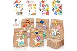 Mizijia Sacchetti di Carta per Pasqua, 24 Pezzi Sacchetti Regalo Pasquali，Sacchetti per Regali per la Pasqua Fai, Sacchetto di Carta Kraft con 8 Fogli di Adesivi con Coniglietto Pasquale