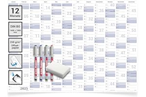 ‎GIGATIME Gigatime DIN B0 Jahresplaner 2025 abwischbarer Wandkalender, Wandplaner XXL gerollt 140,0x100,0cm inklusive 4er Stifte-Set und Schwamm. Jahreskalender 2025, Kalender in Deutscher Sprache