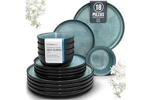 PURE LIVING INTERIOR DESIGN Juego de Vajilla de Steingut Ibiza para 6 Personas - 18 Piezas, Set de Vajilla para Lavavajillas y Microondas - Moderno Juego de Platos - Servicio de Pure Living en azul humo