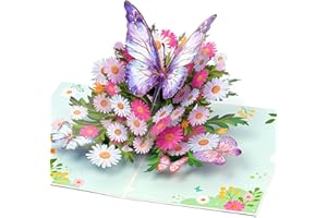 OFFCUP Biglietto Farfalla Pop-Up, Biglietto Pop-Up con Farfalle Sui Fiori, Biglietto Regalo 3D per un Compleanno, Popup Biglietto di Auguri, Biglietto di Auguri Fiore con Busta per Amiche, Madri
