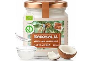 NaturaleBio Ekologisk Kokosolja 200 ml | Virgin Kallpressad och Ren Kokosolja Ekologiskt Kallpressad Ursprungsland Sri Lanka Raw Virgin Kokosolja