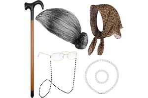 KASTWAVE 100 Days of School Old Lady Cosplay Set, Kids 100 Days of School Grandma Wigs, With Wig, Glasses, Faux Pearl Necklace, Bracelet, Inflatable Canes, Kerchief (7 Pieces)