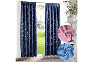 ‎HEIMTEXLAND heimtexland ® Verdunklungsgardine Kindergardine Sterne Vorhang Sterne Silber Dunkelblau Kräuselband 175x135 Typ639