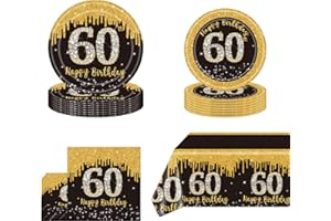 POPOYU 53Pcs Black Gold 60th Birthday Party Tableware Set,60th Black Gold Party Paper Plates Tablecloth and Napkins Tableware Set for Men Women Birthday Gifts Party Supplies Table Decoration(16 Guests)