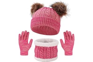 FOSDICK Ensemble Bonnet Echarpe Gants 3 en 1 pour Fille 2-4 Ans - Set Hiver Chaud en Polyester Rose avec Doublure Anti-Vent pour Enfants - Accessoires Protection Thermique Capuche Echarpe Moufles