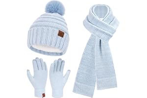 Bequemer Laden Womens Winter Hats Scarf Gloves Set, Warm Fleece Lined Beanie with Pom Poms Long Scarves Touchscreen Gloves for Women Cold Weather Gifts
