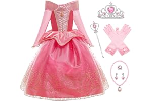 YOSICIL Disfraz Princesa Aurora para Niña Disfraz Bella Durmiente Manga Larga con 6Pcs Accesorio Dulce Princesa Cosplay Vestido para Cumpleaños Halloween Fiesta，Rosa,120