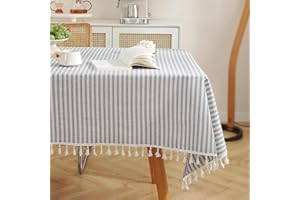 meioro Tablecloths Striped Tassel Table Cloth Rectangular Tablecloth Cotton Linen Table Cover Suitable for Home Kitchen Decoration (Blue/White Stripes, 90×90cm)